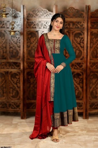 Bottle Green Vichitra Silk Suit with Jacquard Border Dupatta